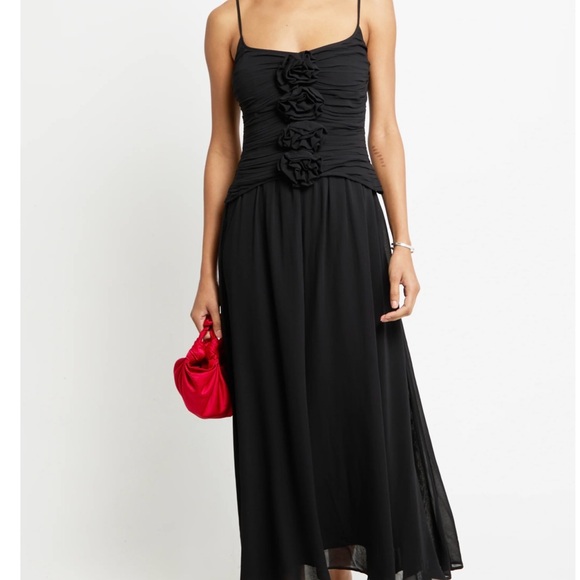 Chic Black Midi Dress with Floral Detail